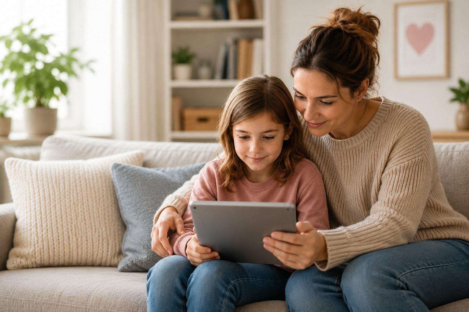 Mutter und Tochter schauen gemeinsam auf ein Tablet